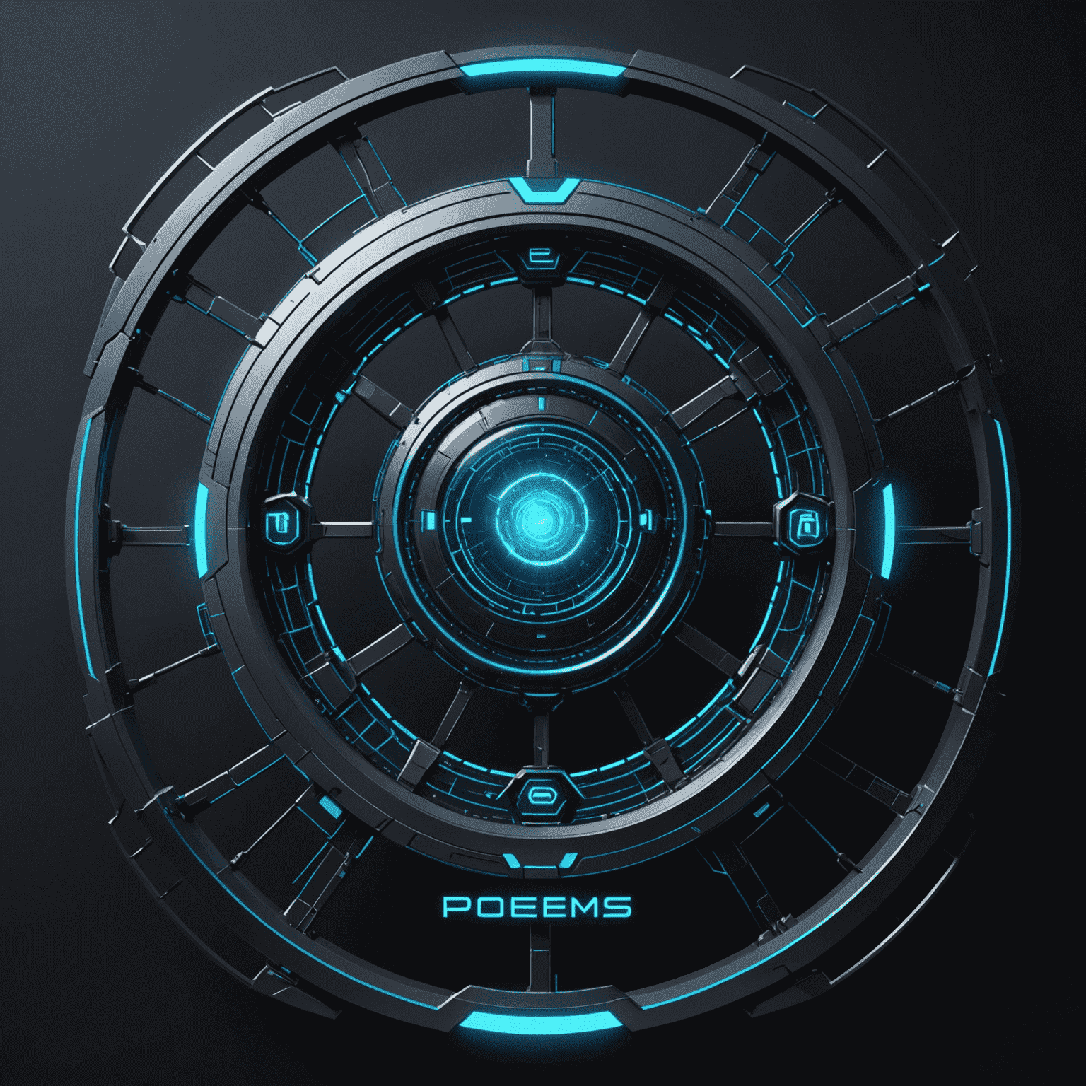 POEMS Platform logo - A futuristic cyber-grid design with glowing blue edges on a dark metallic background