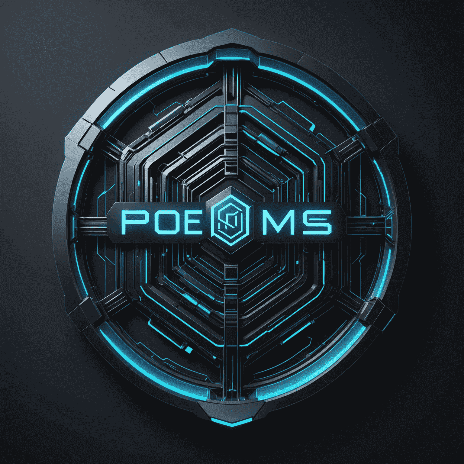 POEMS Platform logo - A futuristic cyber-grid design with glowing blue edges on a dark metallic background