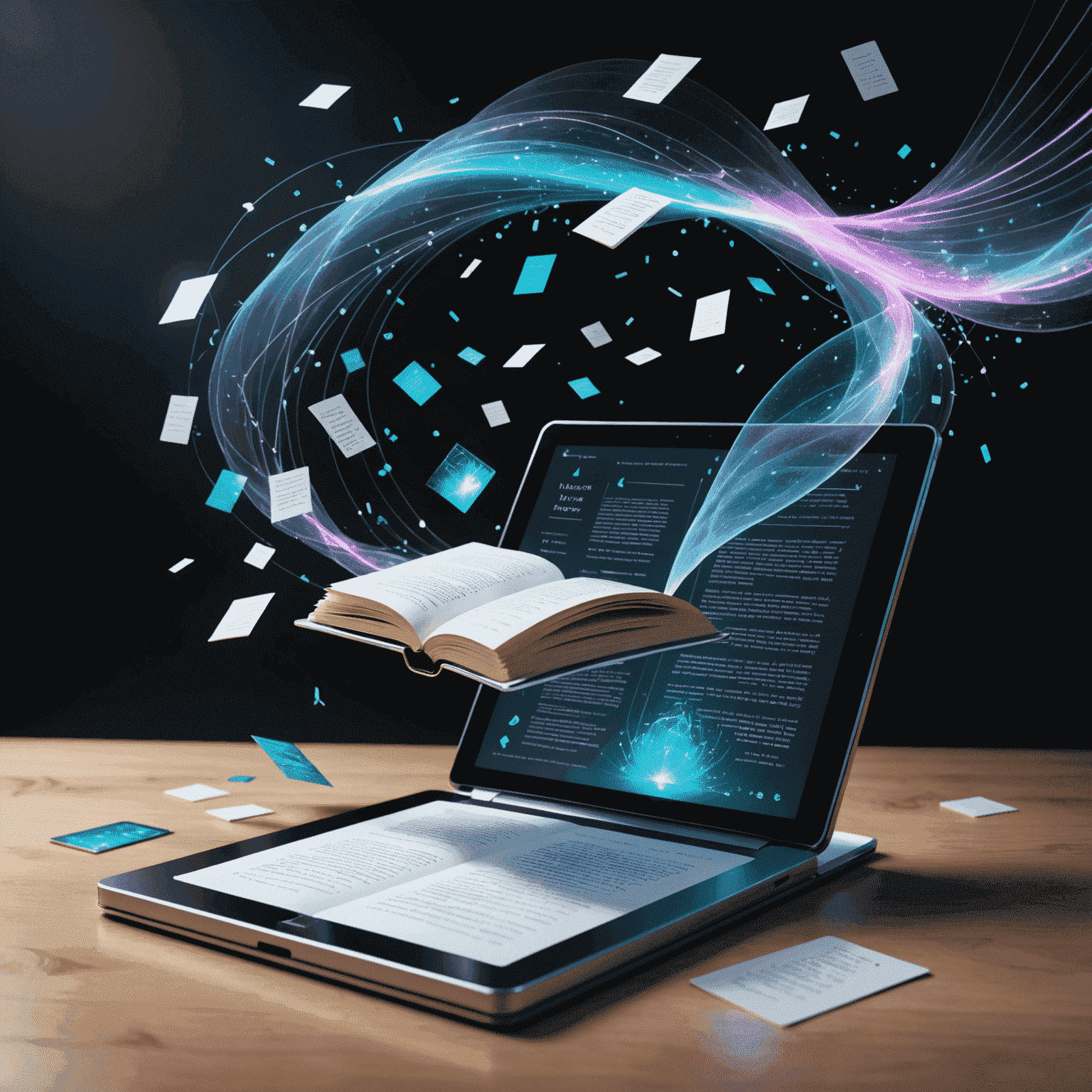 A futuristic visualization of poetry publishing trends, showing holographic books, digital tablets with poem excerpts, and flowing data streams representing self-publishing platforms
