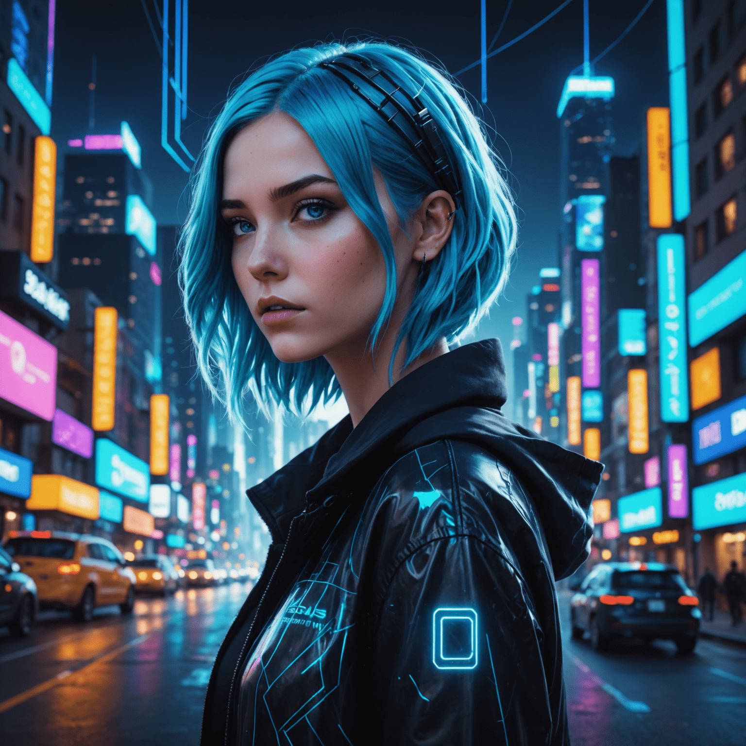 Emily Nightshade, a young woman with neon blue hair, standing against a backdrop of holographic cityscapes, her eyes reflecting the glow of distant data streams