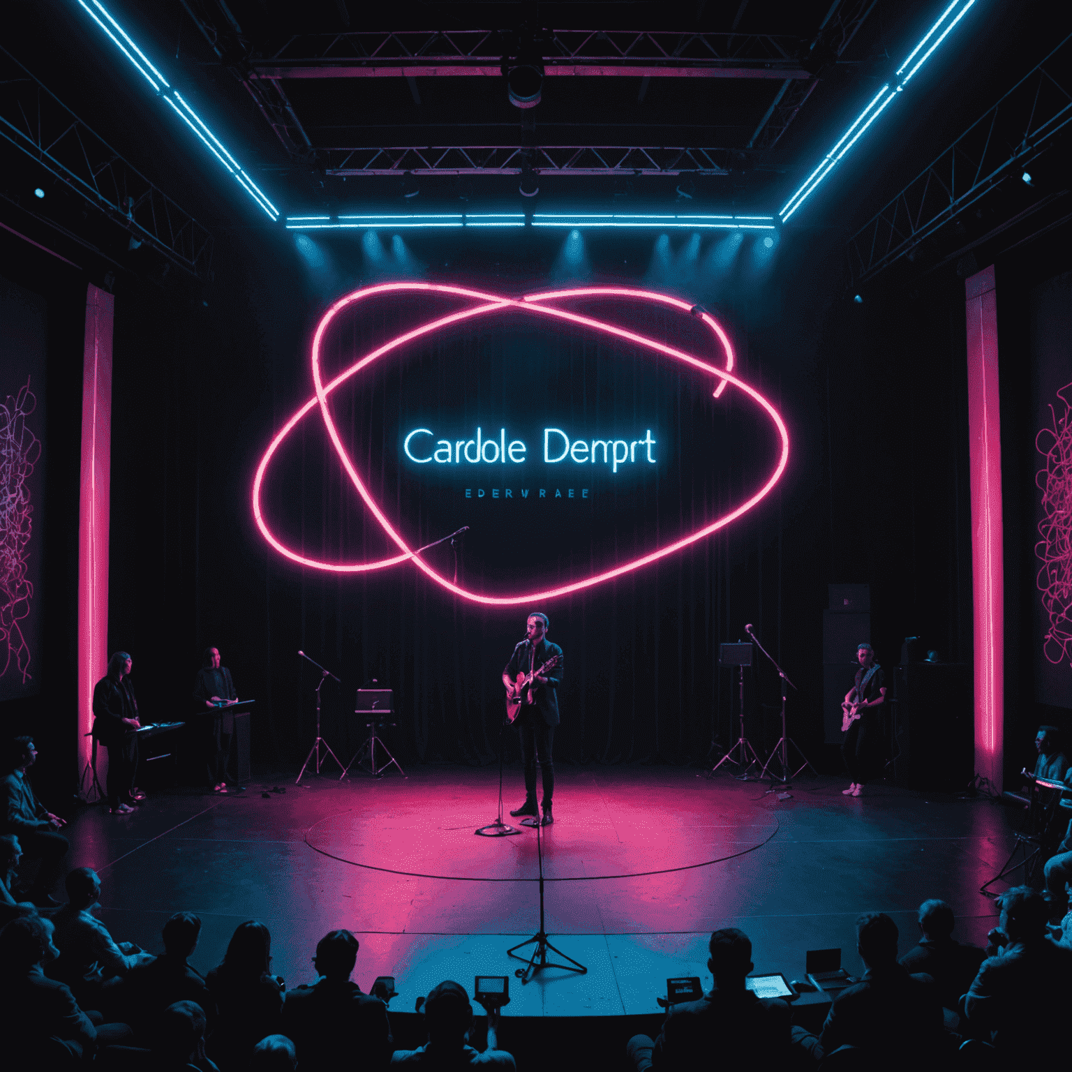 A dimly lit stage with a single microphone stand, surrounded by an expectant audience. The background features abstract neon poetry-related imagery.