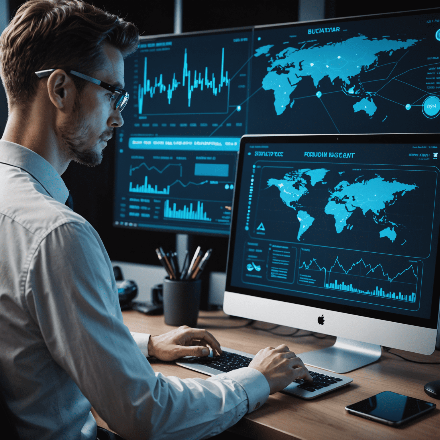 A futuristic interface showing a user creating a trading account, with glowing blue lines connecting various input fields like personal information, financial details, and trading preferences.