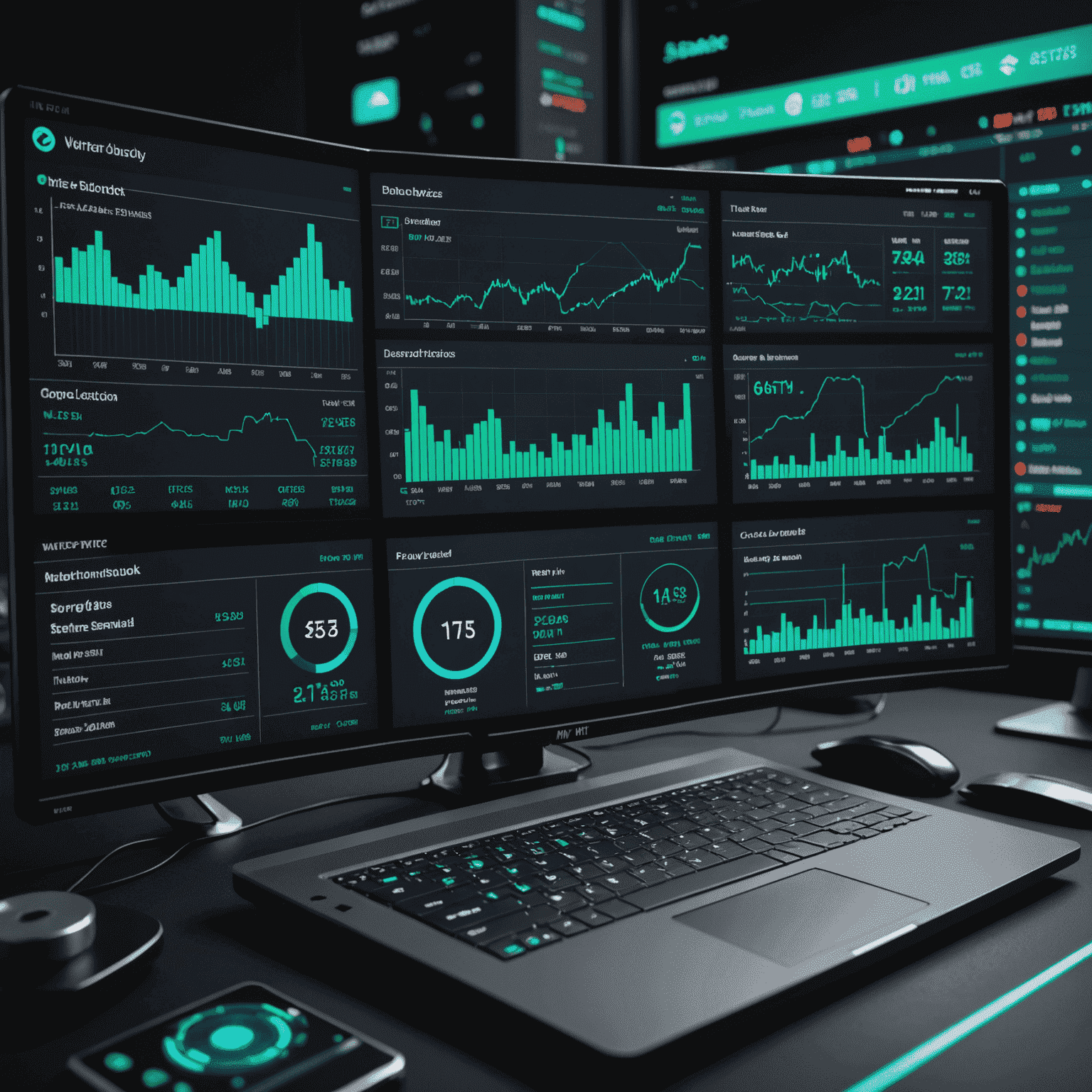 A futuristic trading dashboard displaying multiple charts, technical indicators, and real-time market data. The interface features a dark background with glowing blue and green elements, showcasing price action, volume analysis, and algorithmic predictions.