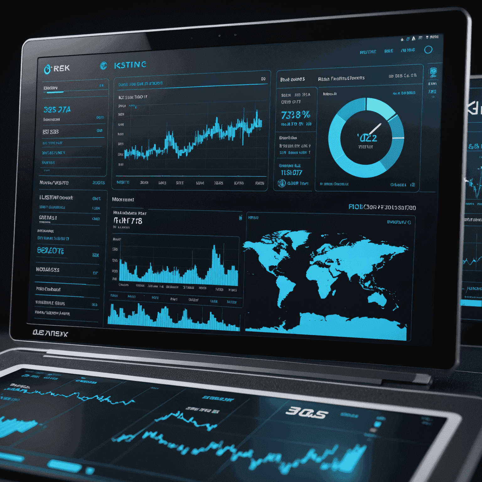 A futuristic risk management dashboard displaying real-time risk metrics, position sizes, and diversification charts. The interface has a dark background with glowing blue elements, resembling a high-tech trading command center.