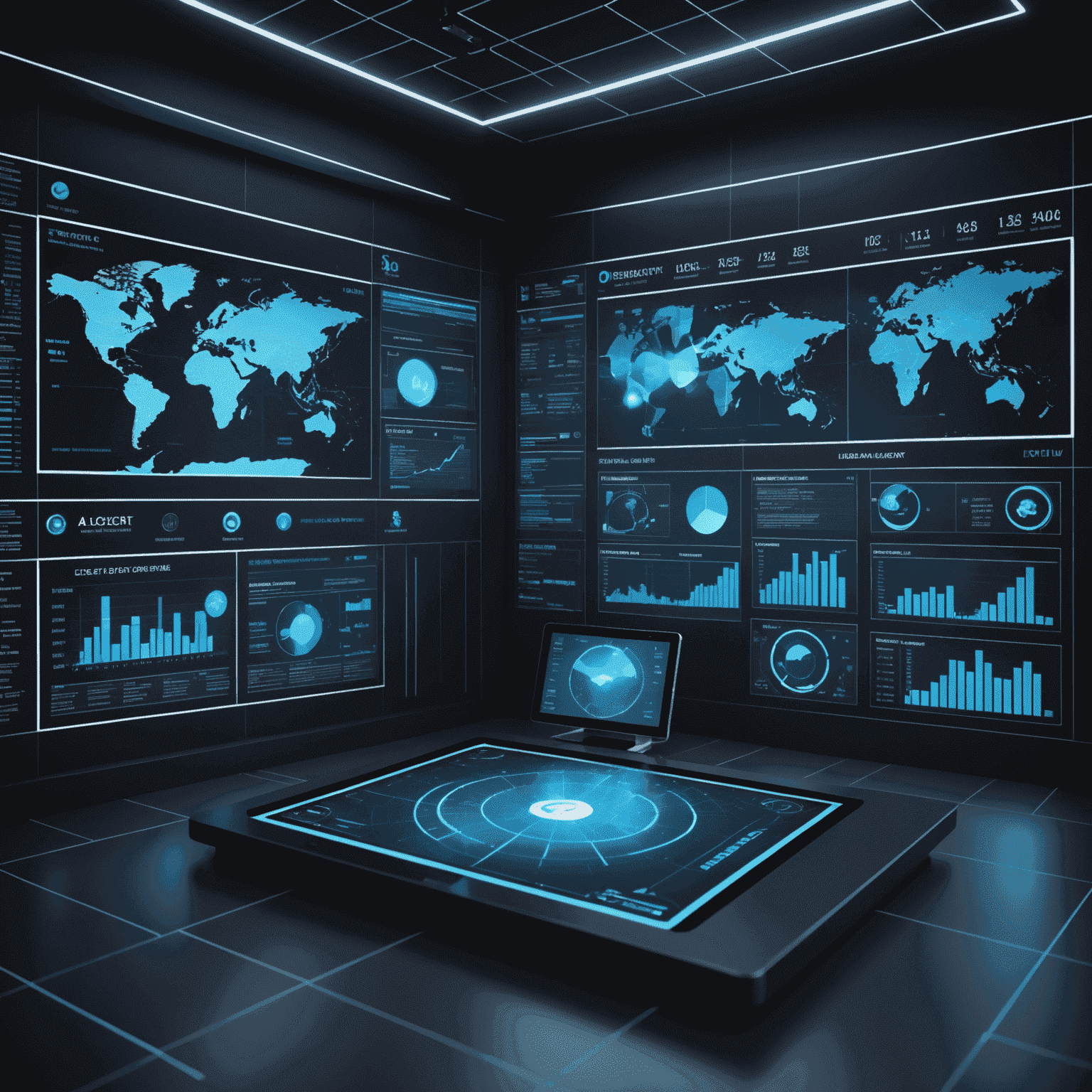 A futuristic digital library interface showing holographic projections of trading charts, market data, and educational content. The image has a dark background with glowing blue accents, emphasizing the high-tech nature of the educational resources.
