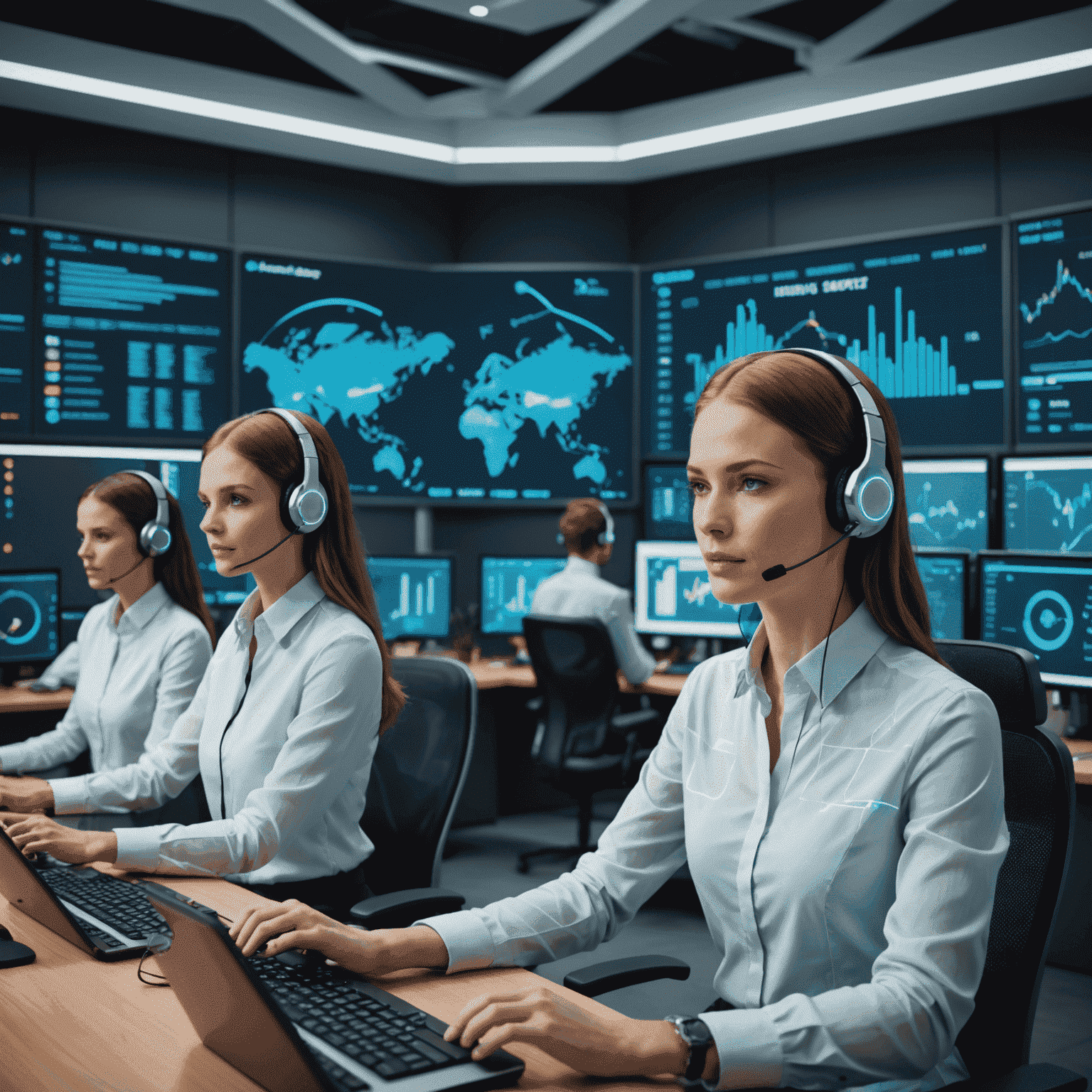 A futuristic customer support center with holographic displays showing various trading charts and support metrics. Support agents wearing sleek headsets are engaged in assisting clients. The image conveys a high-tech, efficient, and user-friendly support environment.