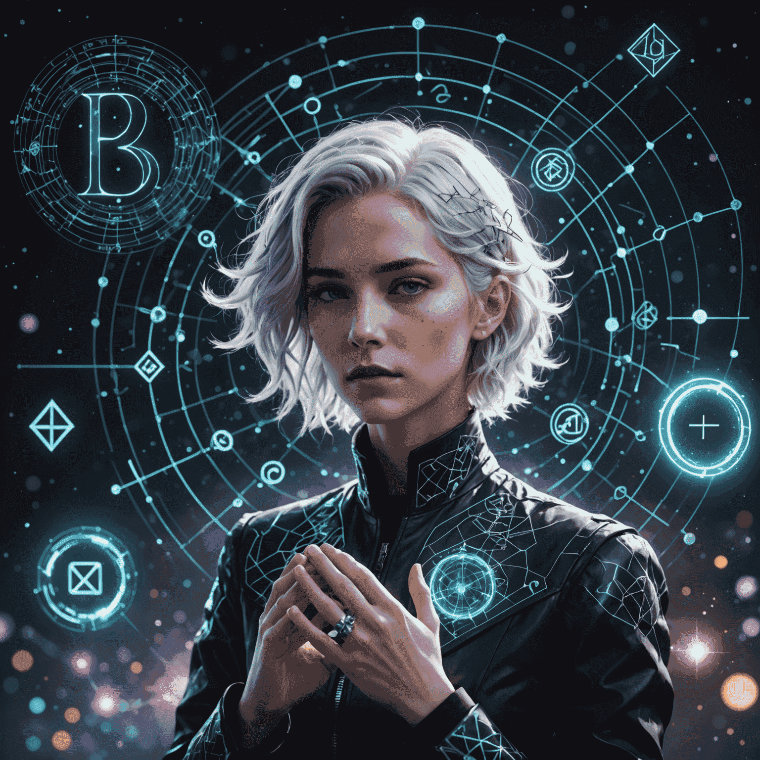 Zephyr Quantum, a person with androgynous features and silver hair, surrounded by floating equations and quantum symbols, their hands manipulating a holographic poem