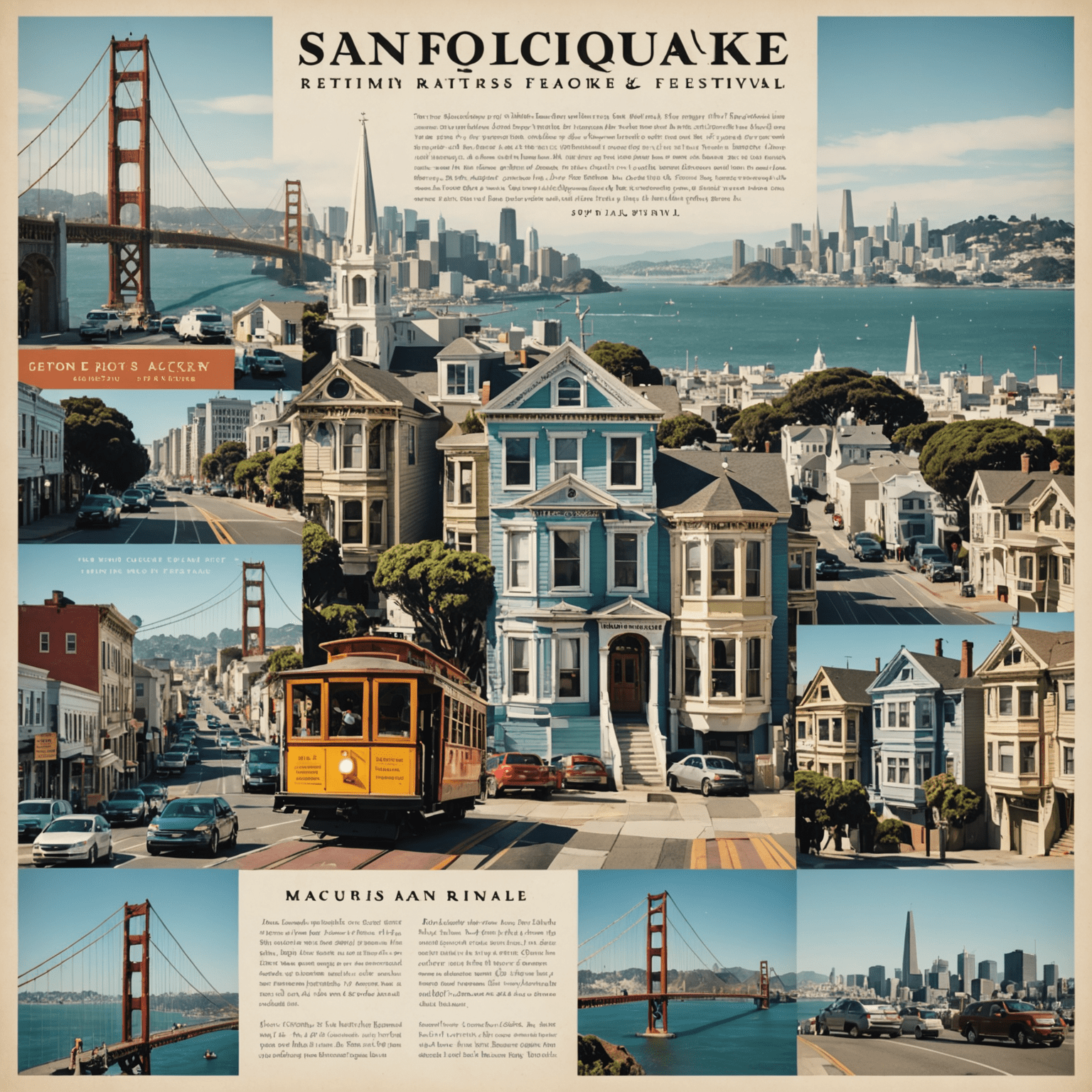 A collage of San Francisco landmarks with overlaid text featuring poetry quotes and event details for Litquake Festival