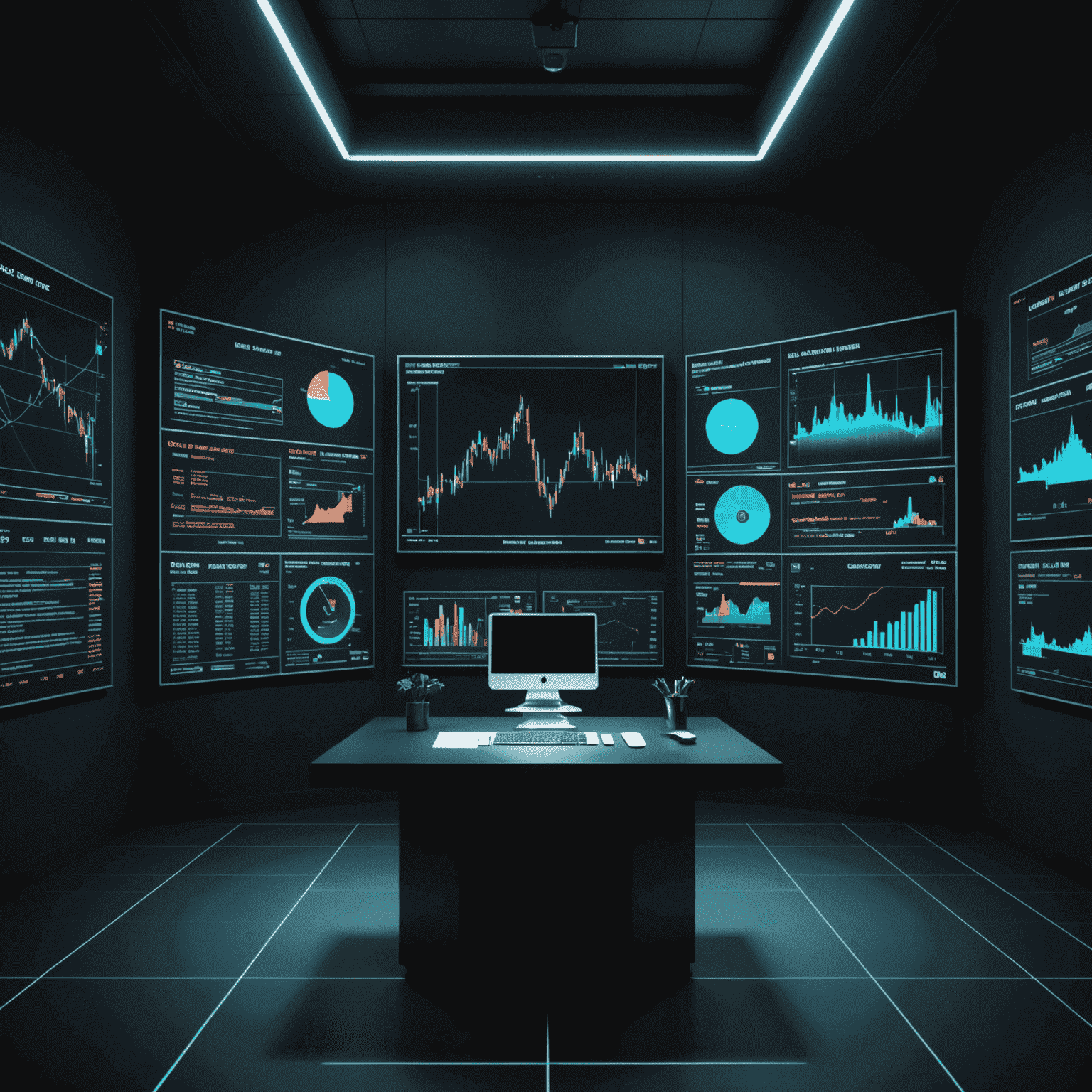 A holographic display floating in a dark room, showcasing various trading terms with animated explanations and visual representations of concepts like bull and bear markets, candlestick charts, and order types.