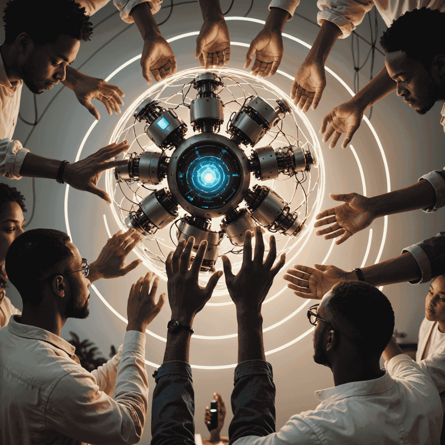 A group of diverse individuals standing in a circle, their hands touching a central orb of light that projects lines of poetry around them, with robotic arms and AI interfaces visible in the background