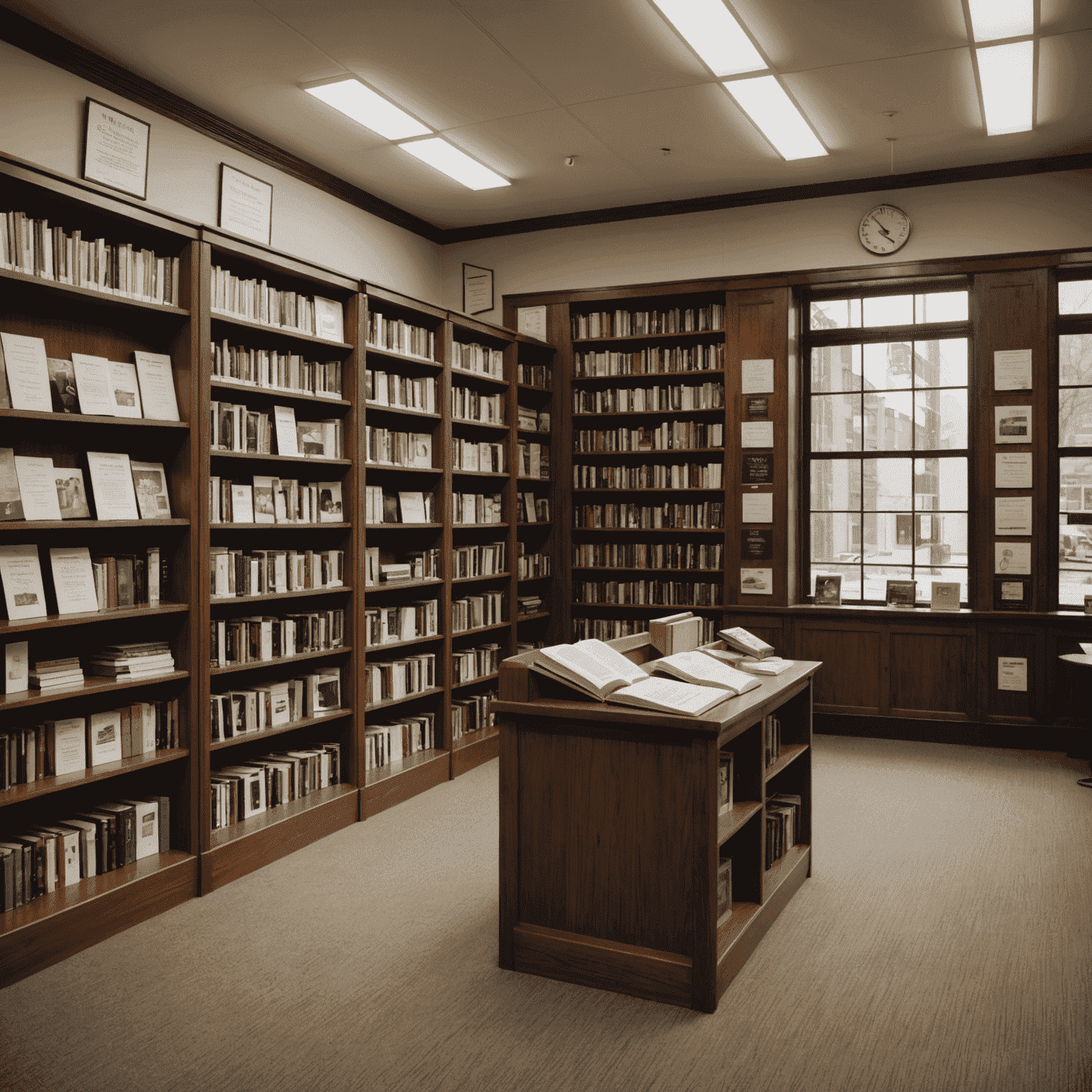 The interior of a modern library with poetry books on display and a small stage set up for readings. Posters advertising National Poetry Month events are visible.