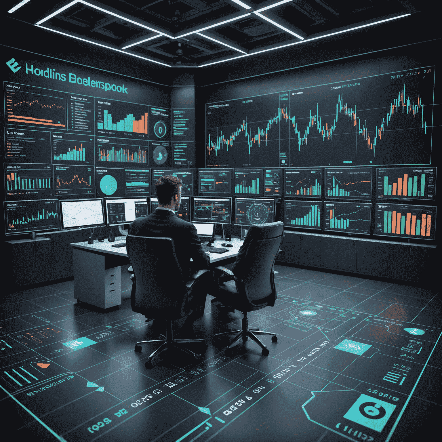 A 3D virtual trading floor with holographic charts and graphs. Arrows and highlighted paths show different trading strategies in action, with real-time data flows and glowing indicators pointing out key decision points.