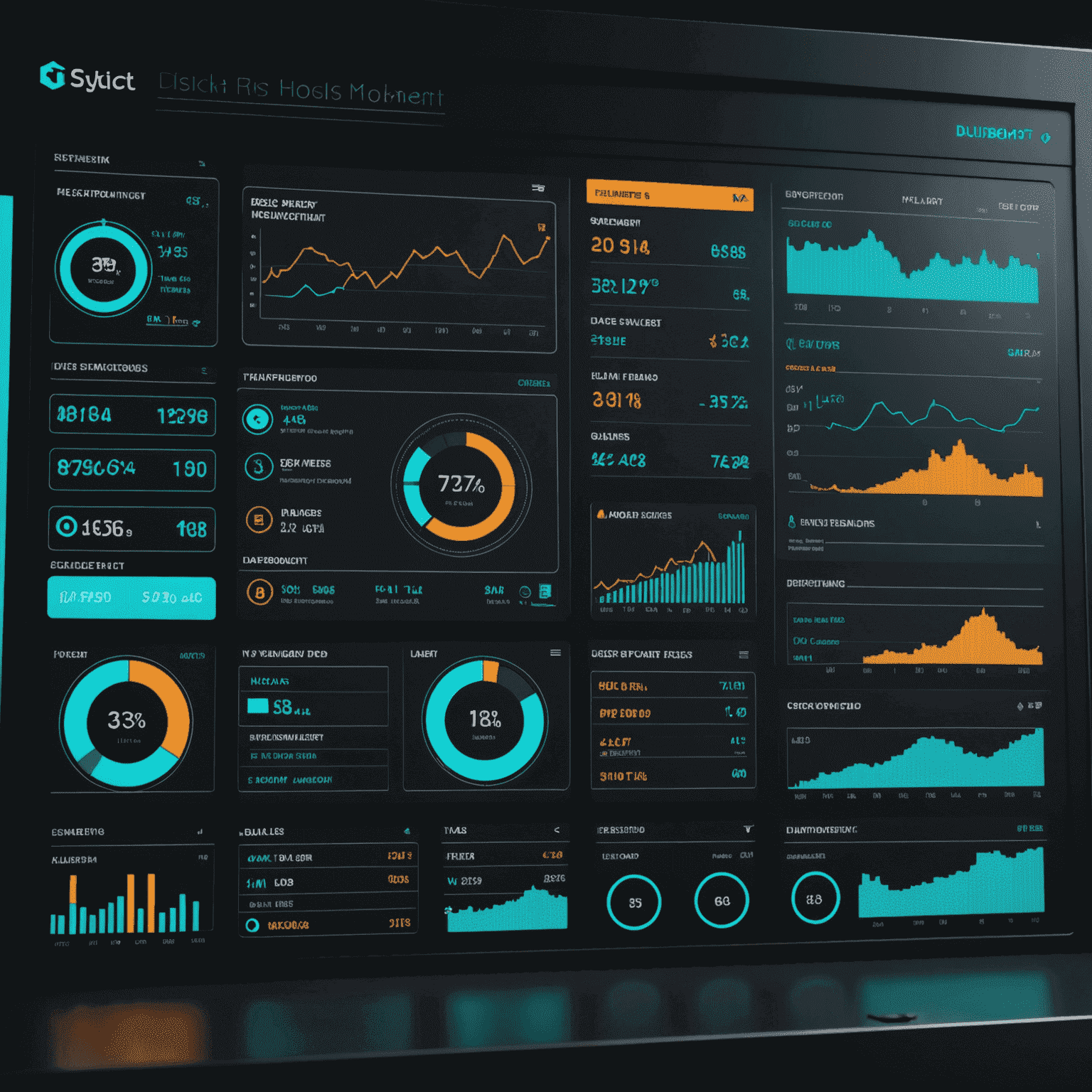 A futuristic risk management dashboard with dynamic gauges, sliders, and toggles. Visual representations of portfolio allocation, risk levels, and protective measures are displayed with neon highlights against a dark background.