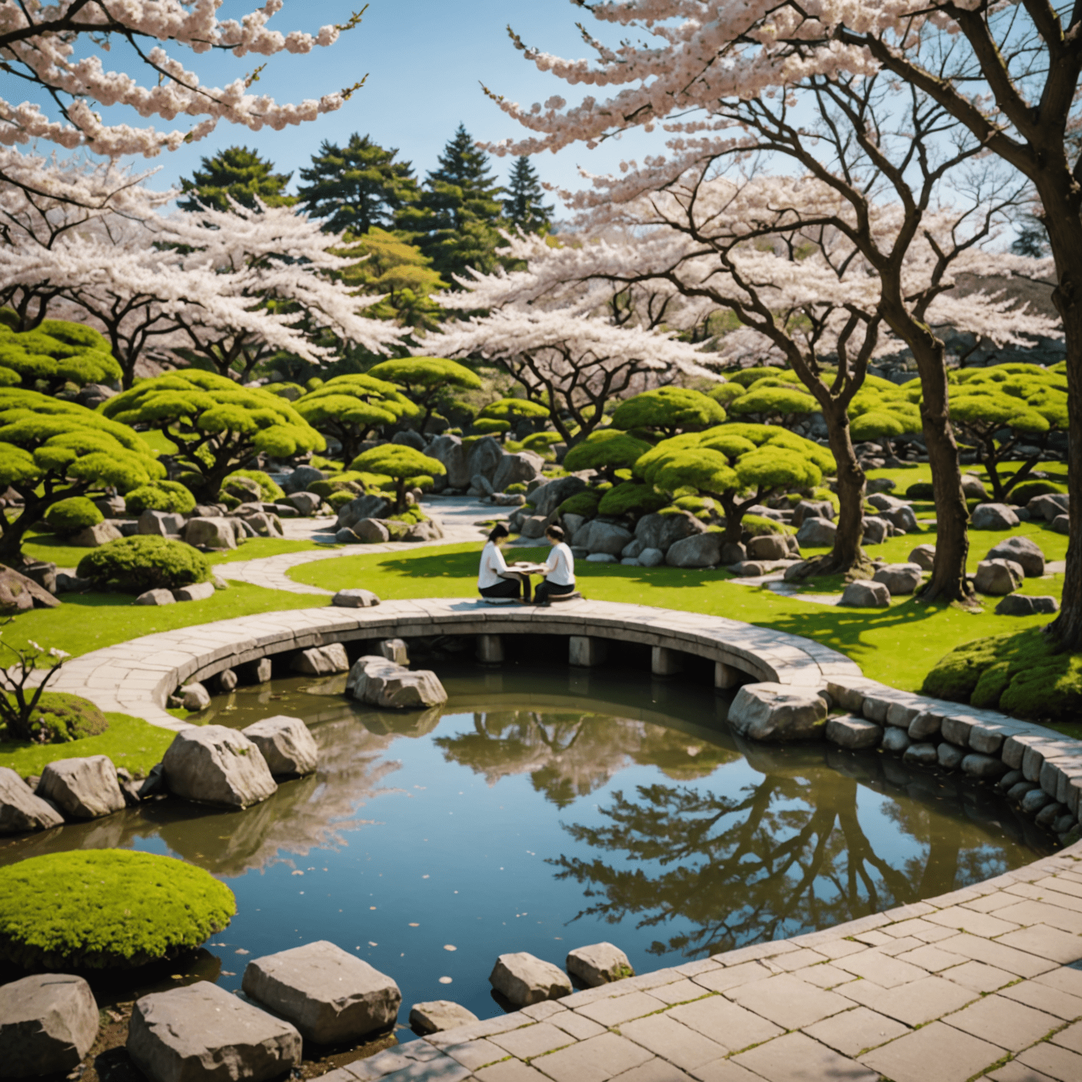 A serene Japanese garden with a small pond, surrounded by cherry blossoms. People are seen sitting on benches, writing in notebooks.