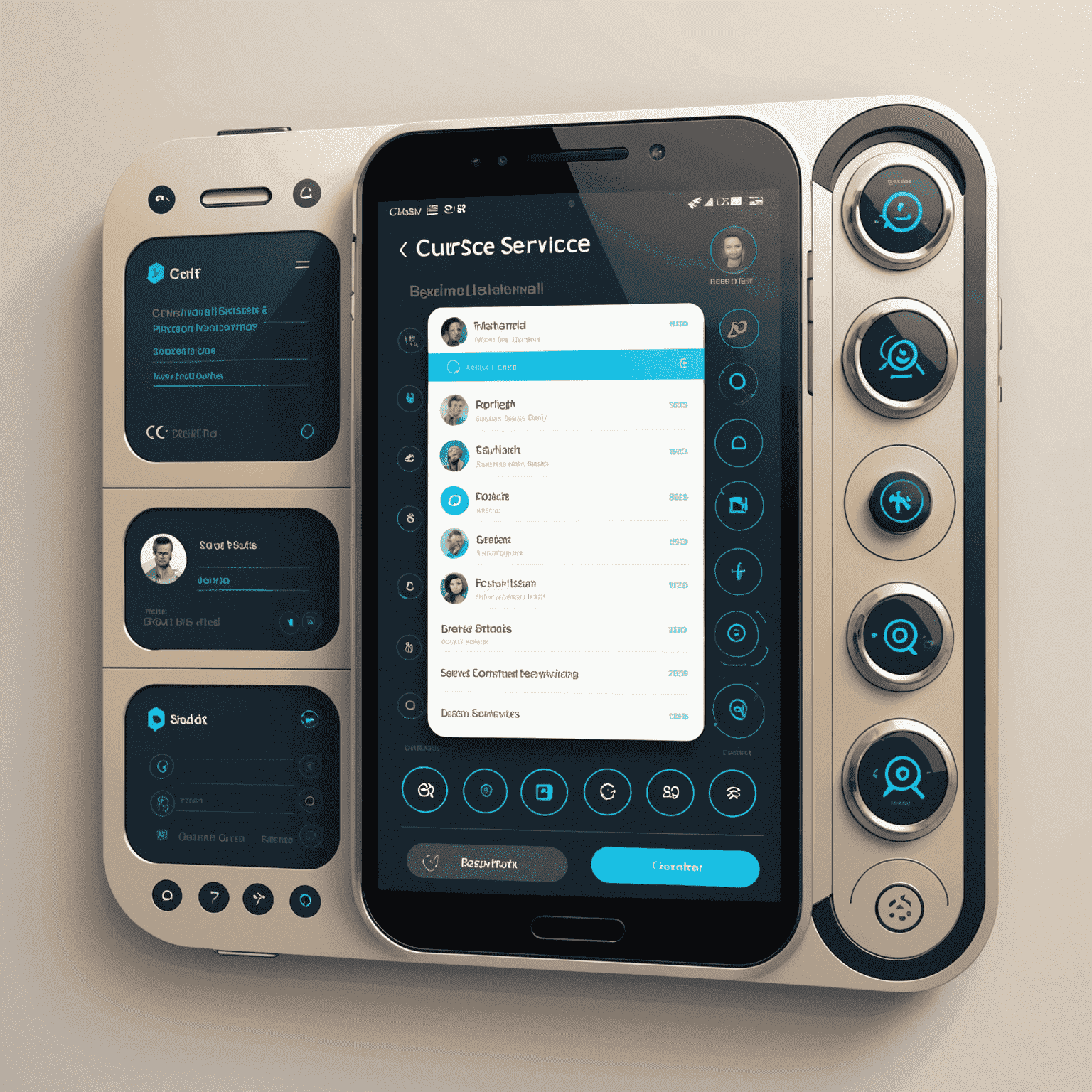 A futuristic customer service interface with chat windows, phone lines, and email icons